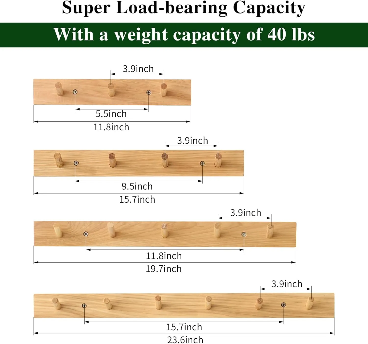 Hickory Wood Coat Rack Wall Mount 16 inches, Wooden Coat Hooks with 4 Hooks Coat Hanger for Hanging Hat Jacket Purse, Wall Hooks for Entryway, Bathroom, Bedroom, Natural