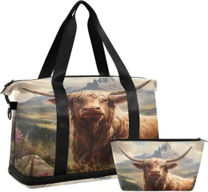 Highland Cattle Art Duffel Bag Lightweight Carry On Gym Bags for Travel and Weekends, Versatile Overnight Bag with Shoe Compartment