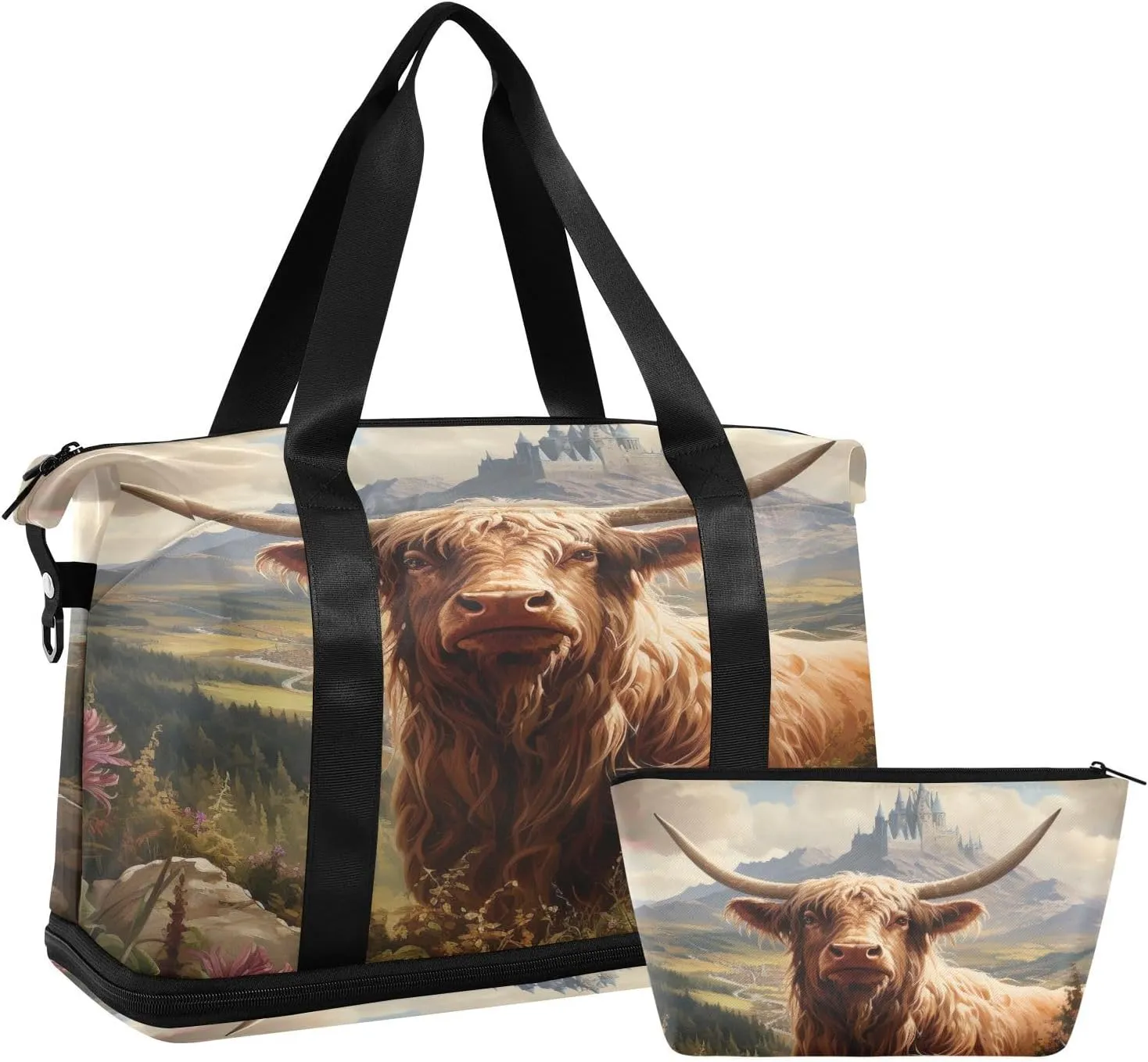 Highland Cattle Art Duffel Bag Lightweight Carry On Gym Bags for Travel and Weekends, Versatile Overnight Bag with Shoe Compartment
