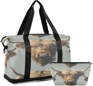 Highland Cattle Duffel Bag Lightweight Carry On Gym Bags for Travel and Weekends, Versatile Overnight Bag with Shoe Compartment