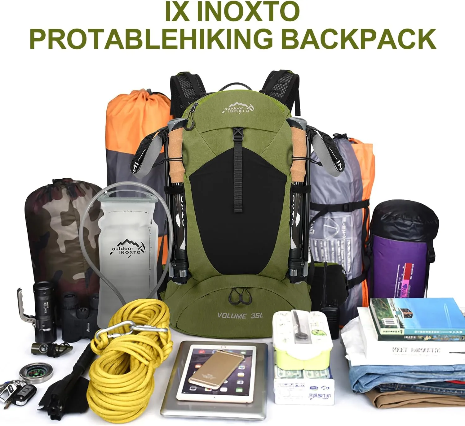 Hiking Backpack,35L Waterproof Hiking Daypack with 3L Water Bladder and Rain Cover, Lightweight Travel Camping Backpack for Men Women (Dark Green)
