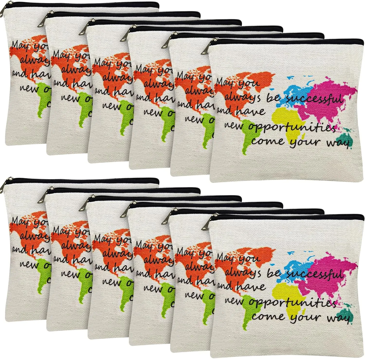 Hillban 12 Pack Inspirational Linen Makeup Bags Graduation Gift Cosmetic Bags Bulk with Zipper Travel Theme Party Favors Toiletry Pouch
