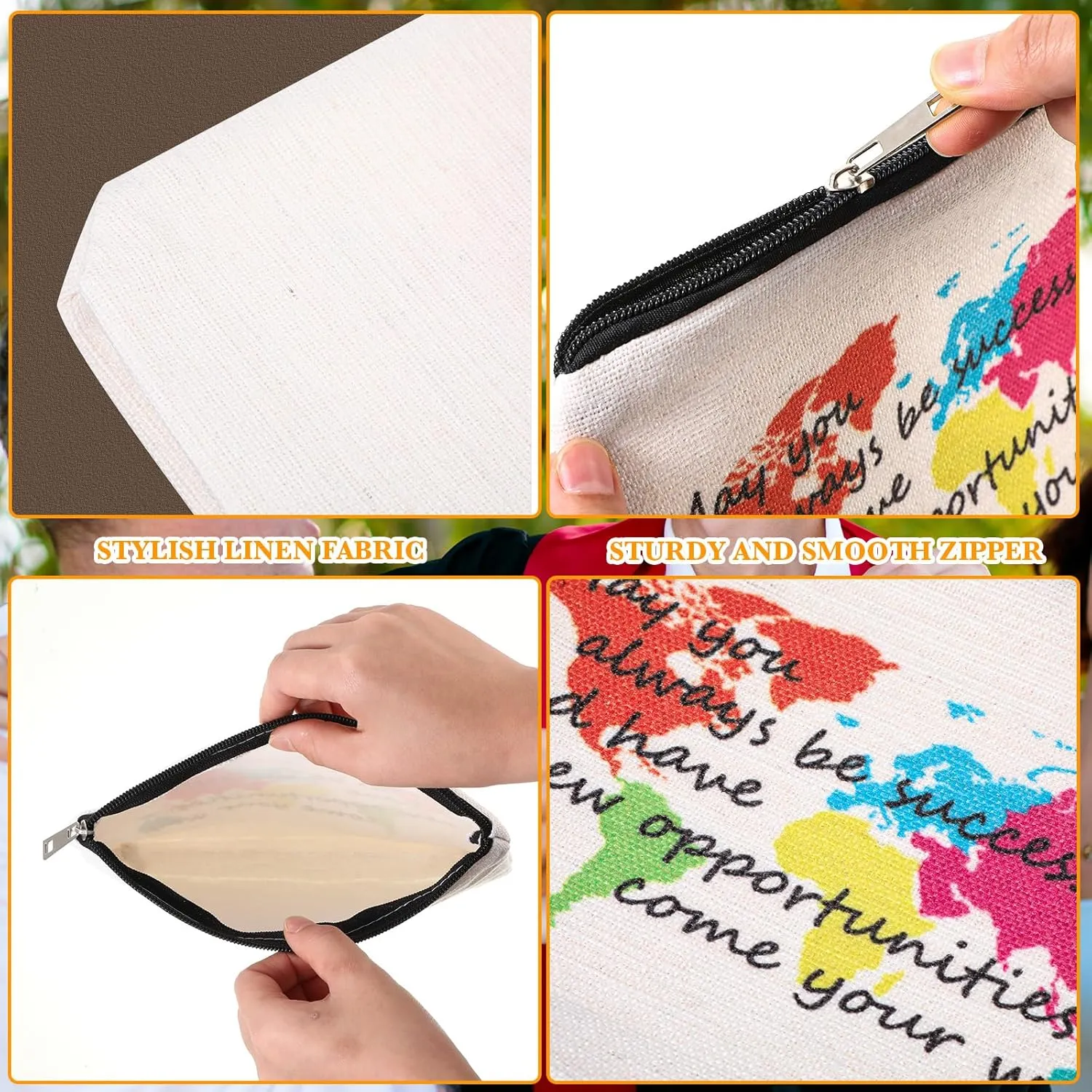 Hillban 12 Pack Inspirational Linen Makeup Bags Graduation Gift Cosmetic Bags Bulk with Zipper Travel Theme Party Favors Toiletry Pouch