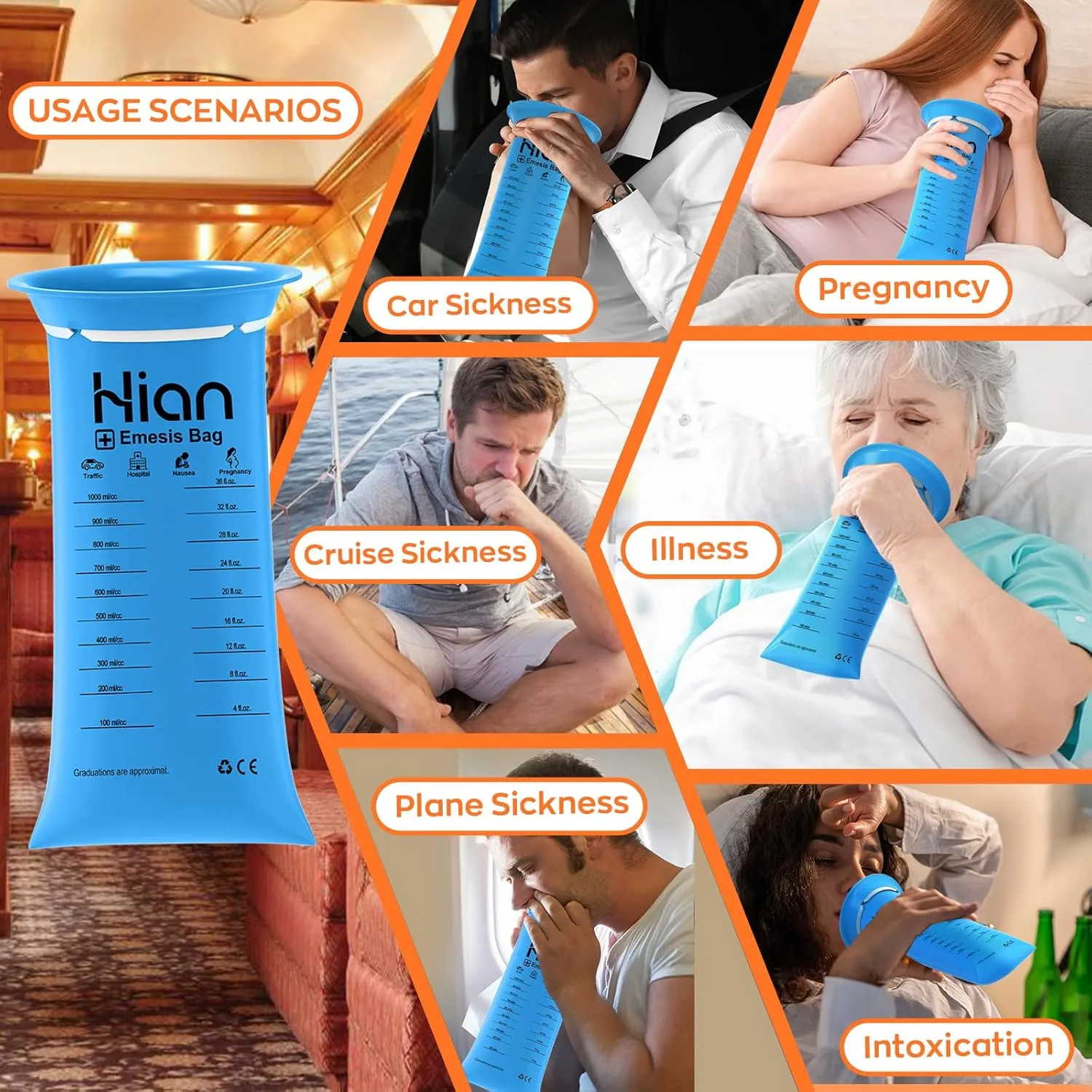 Hion Vomit Bags Disposable – 100 Pack 1000ml Emesis Bags – Leak Resistant, Medical Grade, Portable – Perfect for Motion, Car & Aircraft Sickness, Pregnant Women