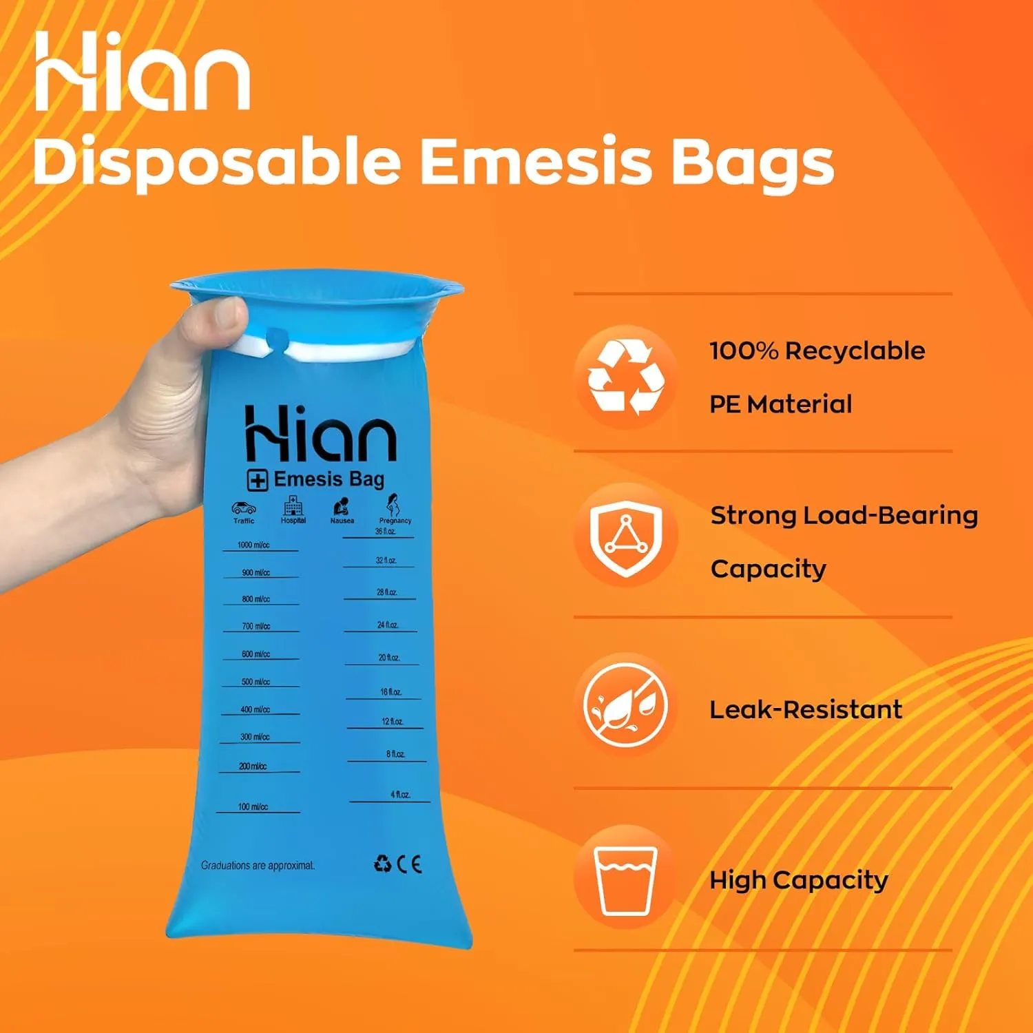 Hion Vomit Bags Disposable – 100 Pack 1000ml Emesis Bags – Leak Resistant, Medical Grade, Portable – Perfect for Motion, Car & Aircraft Sickness, Pregnant Women