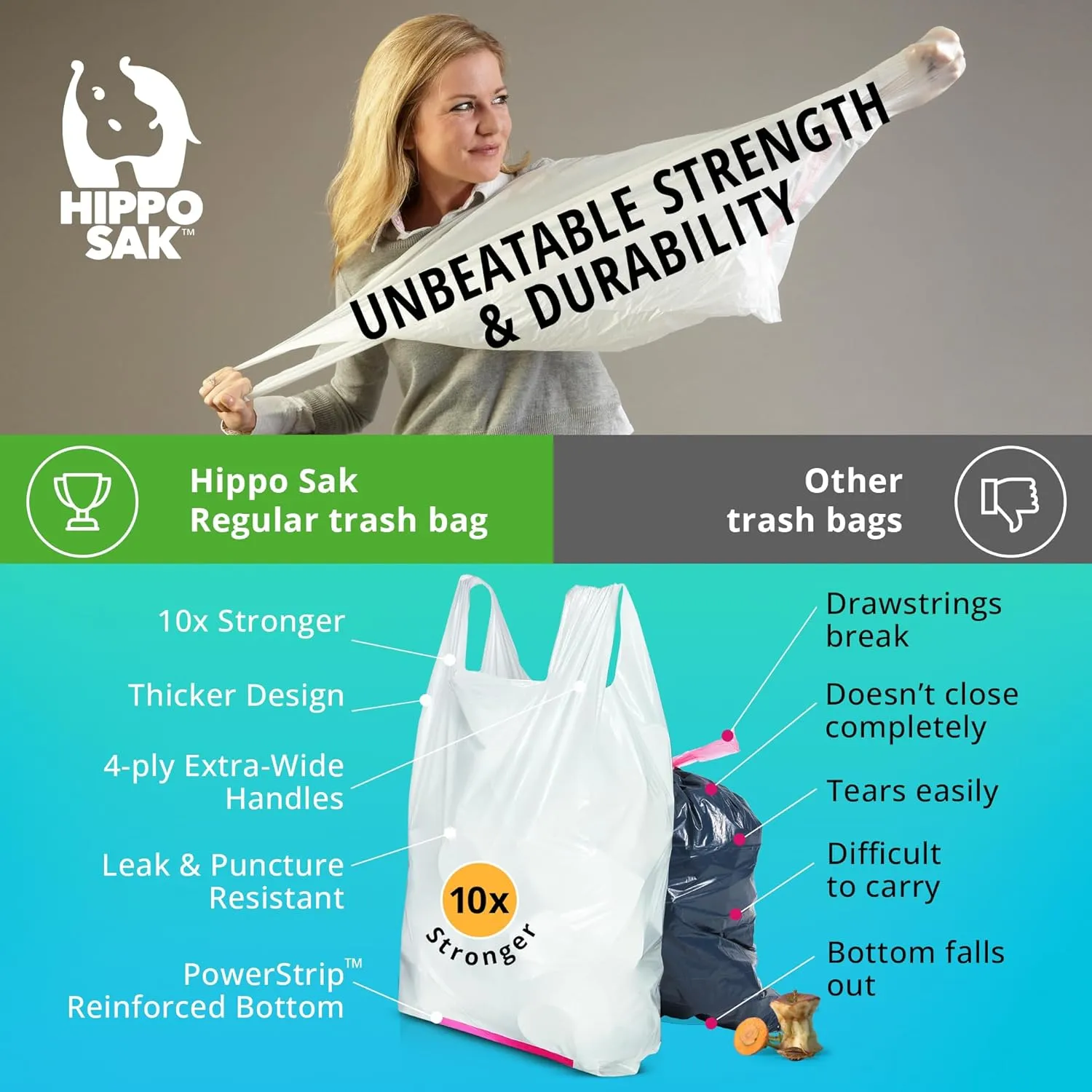 Hippo Sak - Tall Kitchen Garbage Bags with Ergonomic Handles - 13 Gallon Trash Bags - Super Strong, Patented Reinforced Bottom and Leak Proof Tall Kitchen Trash Bags - Heavy Duty Trash Bags (90 Count)