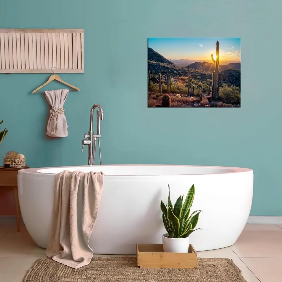 HJY Art Sonoran Cactus Wall Art Golden Sunrise in Sonoran Desert Landscape Wall Decor Nature Pictures Stretched Framed Ready to Hang for Living Room Bedroom Bathroom Home Decorations (12''H x 16''W)