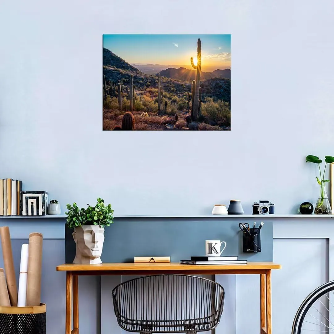 HJY Art Sonoran Cactus Wall Art Golden Sunrise in Sonoran Desert Landscape Wall Decor Nature Pictures Stretched Framed Ready to Hang for Living Room Bedroom Bathroom Home Decorations (12''H x 16''W)