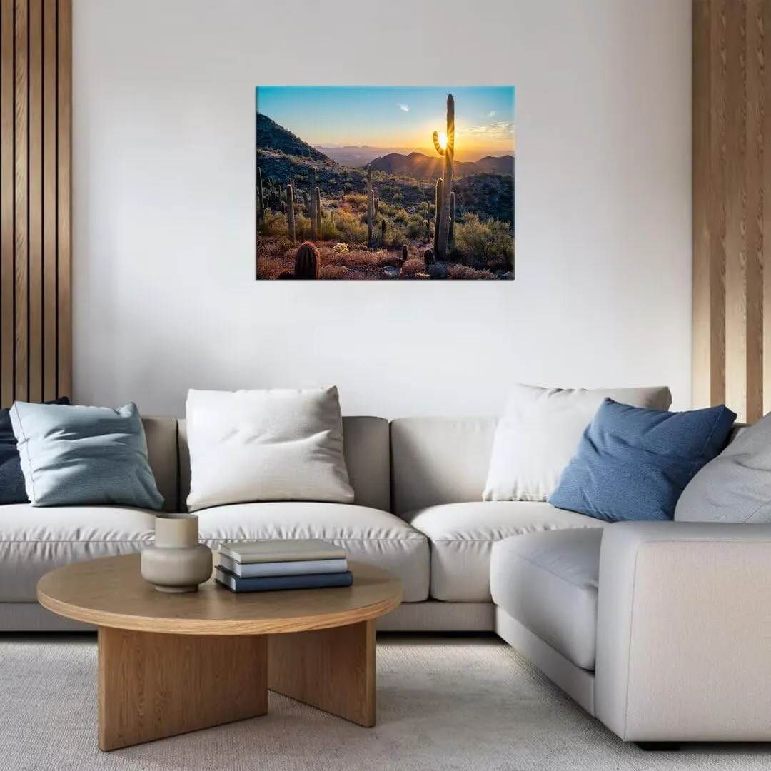HJY Art Sonoran Cactus Wall Art Golden Sunrise in Sonoran Desert Landscape Wall Decor Nature Pictures Stretched Framed Ready to Hang for Living Room Bedroom Bathroom Home Decorations (12''H x 16''W)