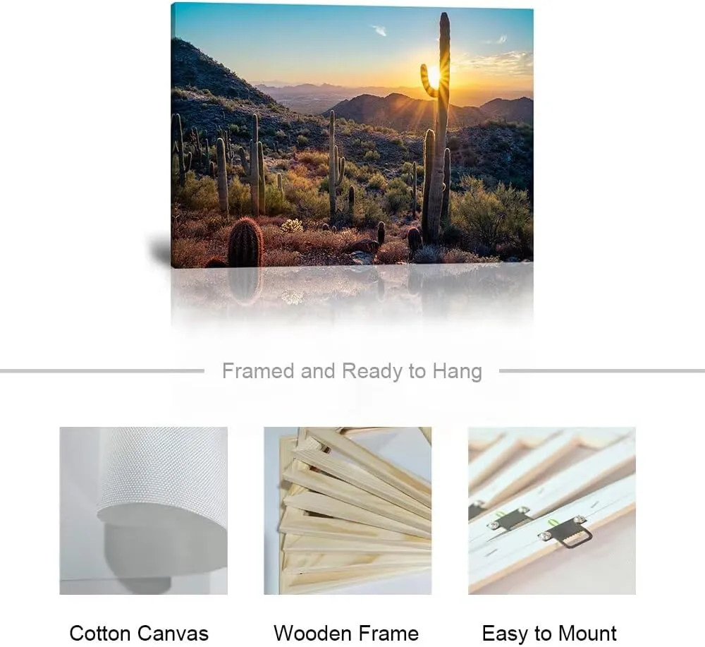 HJY Art Sonoran Cactus Wall Art Golden Sunrise in Sonoran Desert Landscape Wall Decor Nature Pictures Stretched Framed Ready to Hang for Living Room Bedroom Bathroom Home Decorations (12''H x 16''W)