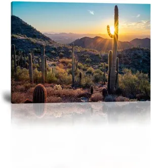 HJY Art Sonoran Cactus Wall Art Golden Sunrise in Sonoran Desert Landscape Wall Decor Nature Pictures Stretched Framed Ready to Hang for Living Room Bedroom Bathroom Home Decorations (12''H x 16''W)