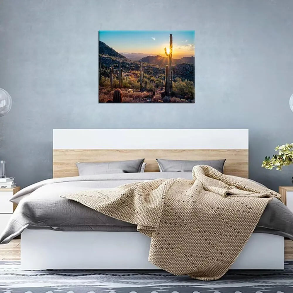 HJY Art Sonoran Cactus Wall Art Golden Sunrise in Sonoran Desert Landscape Wall Decor Nature Pictures Stretched Framed Ready to Hang for Living Room Bedroom Bathroom Home Decorations (12''H x 16''W)