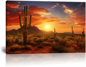 HJY Art Superstition Mountains Sunset Canvas Wall Art Arizona Western Desert Cactus Wall Decor Nature Lansdcape Pictures Wall Artworks Posters for Living Room Home Decorations (24''H x 36''W)