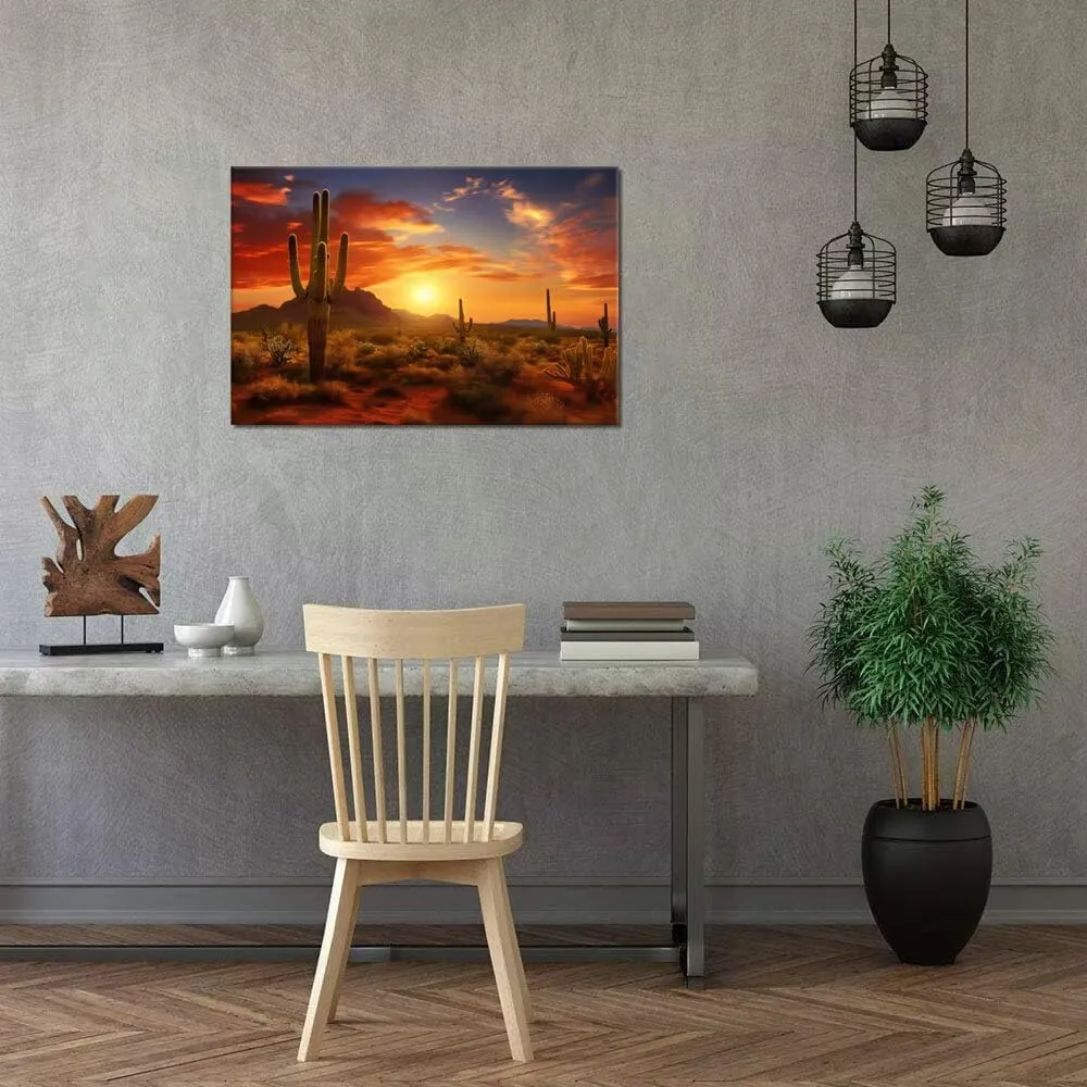 HJY Art Superstition Mountains Sunset Canvas Wall Art Arizona Western Desert Cactus Wall Decor Nature Lansdcape Pictures Wall Artworks Posters for Living Room Home Decorations (24''H x 36''W)