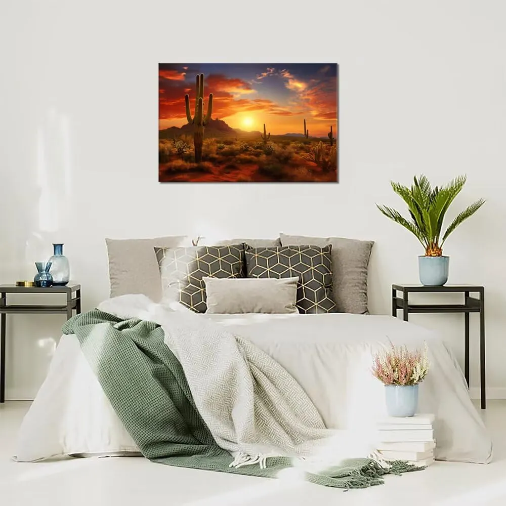 HJY Art Superstition Mountains Sunset Canvas Wall Art Arizona Western Desert Cactus Wall Decor Nature Lansdcape Pictures Wall Artworks Posters for Living Room Home Decorations (24''H x 36''W)