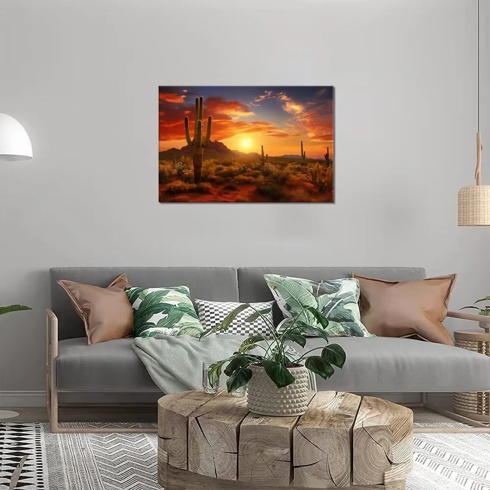 HJY Art Superstition Mountains Sunset Canvas Wall Art Arizona Western Desert Cactus Wall Decor Nature Lansdcape Pictures Wall Artworks Posters for Living Room Home Decorations (24''H x 36''W)