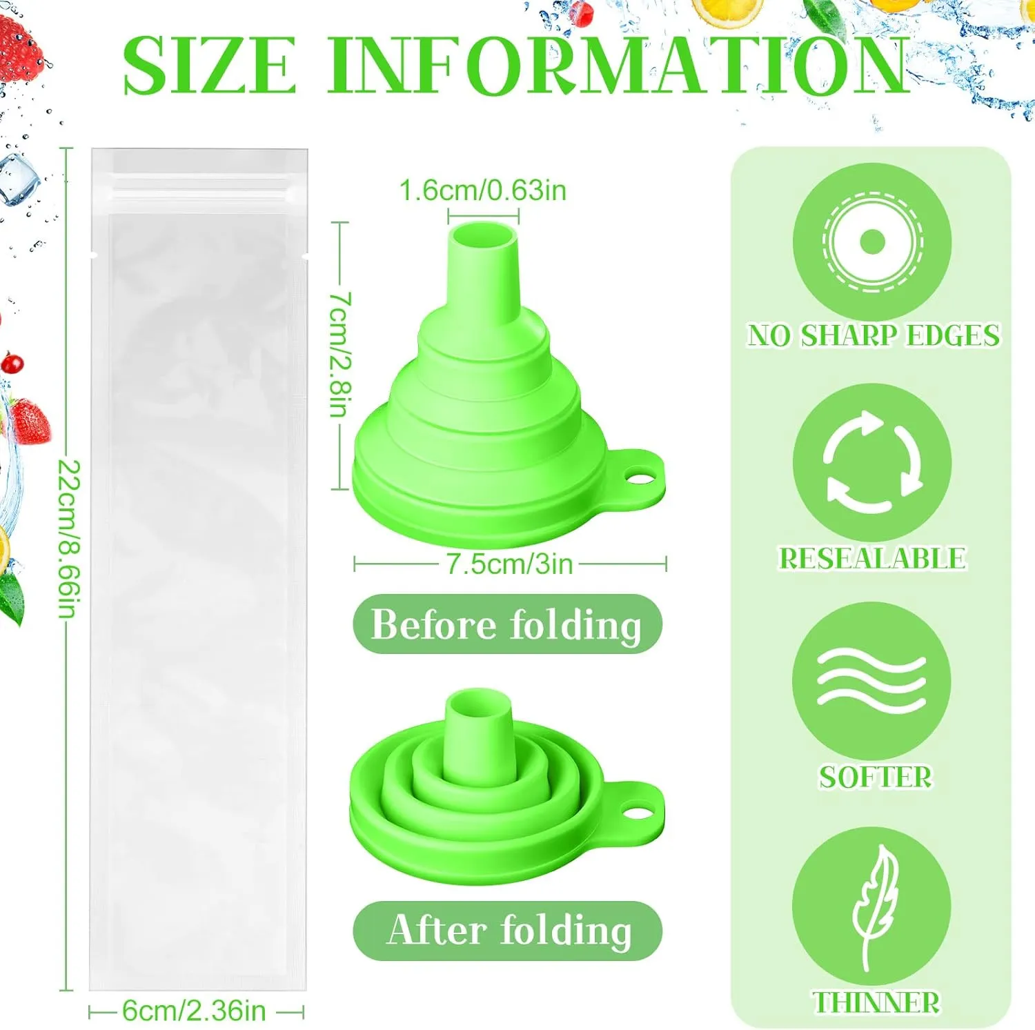 Hoolerry 600 Pcs Disposable Ice Mold Bags with 1 Silicone Funnel Freezer Tubes with Zip Seals Candy Ice Mold Yogurt Tubes Pouch for Snack Juice Fruit Smoothies Party Favor (2.4 x 8.7 Inch)