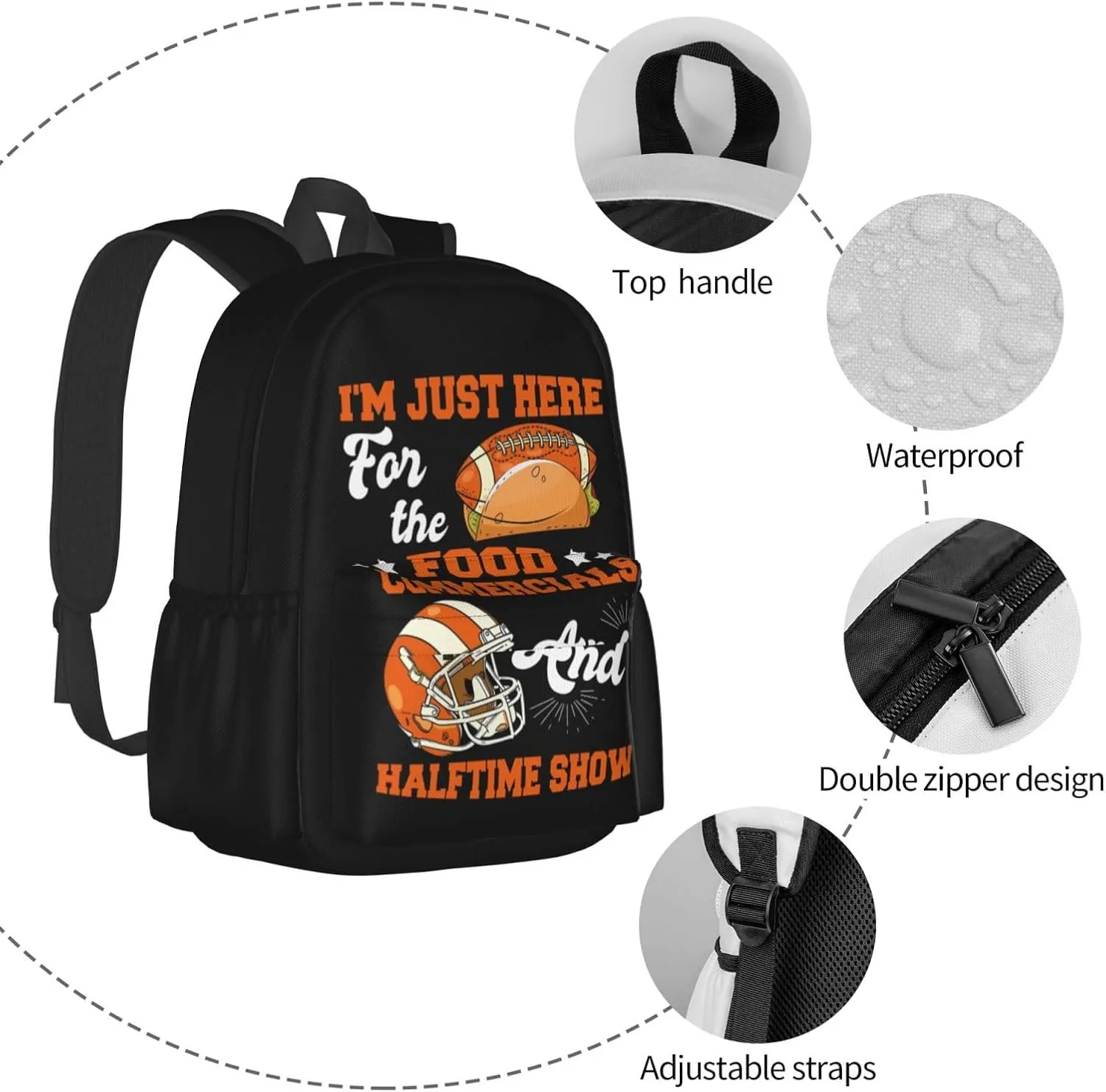 I'm Just Here For The Food Commercials And Halftime Show Backpack Casual Laptop Backpack Large Capacity Double Shoulder Bag Travel Daypack For Women Men