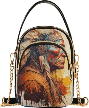 Indian Chief Portrait Crossbody Sling Bags for Women, Compact Fashion Handbag with Chain Strap Top handle for Evening Party Dating Travel