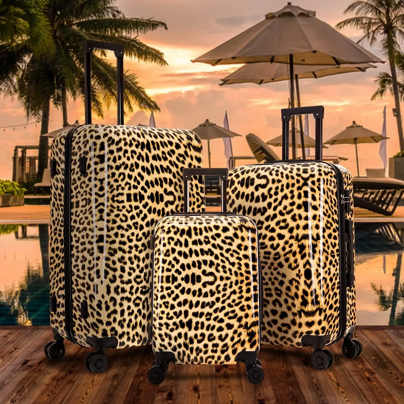 InUSA Cheetah Print Luggage with Spinner Wheels | Durable Lightweight Hardside Suitcase | Travel Bag with Handle and Trolley | (20in, 24in, 28in) 3 Piece Set