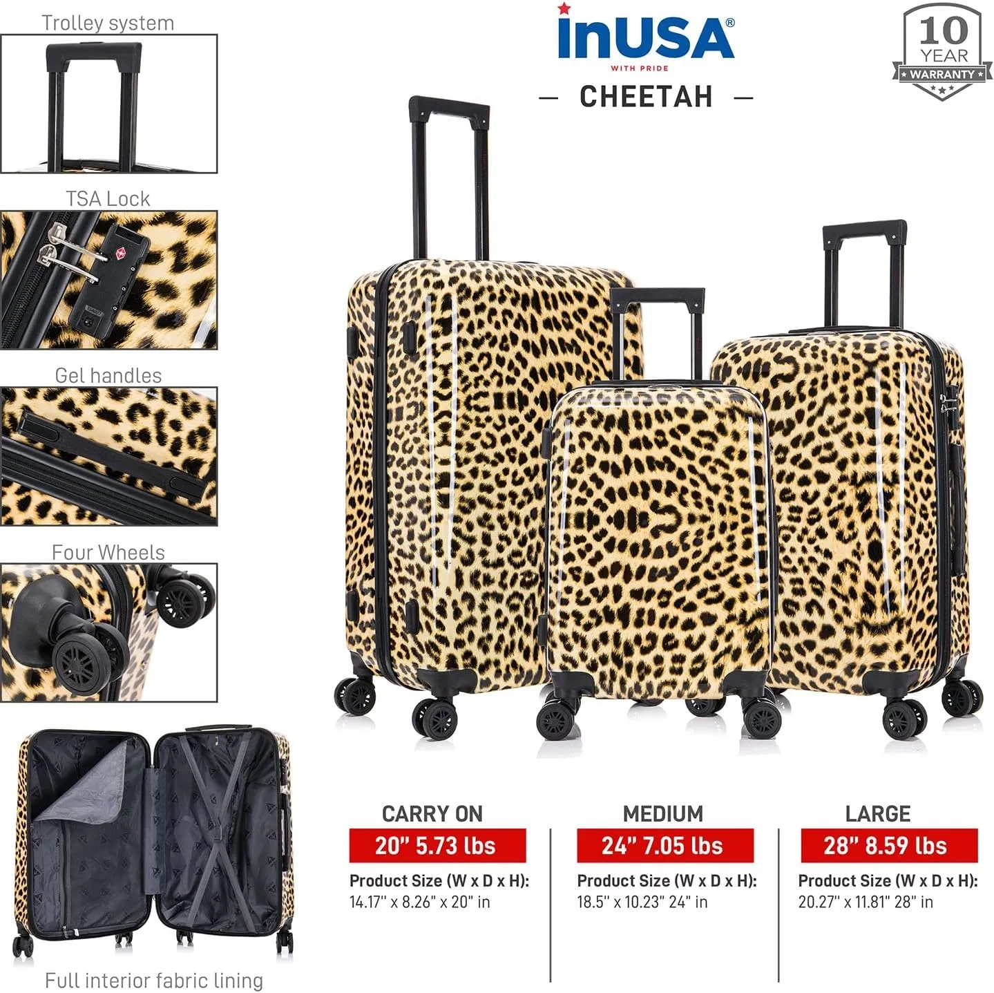 InUSA Cheetah Print Luggage with Spinner Wheels | Durable Lightweight Hardside Suitcase | Travel Bag with Handle and Trolley | (20in, 24in, 28in) 3 Piece Set