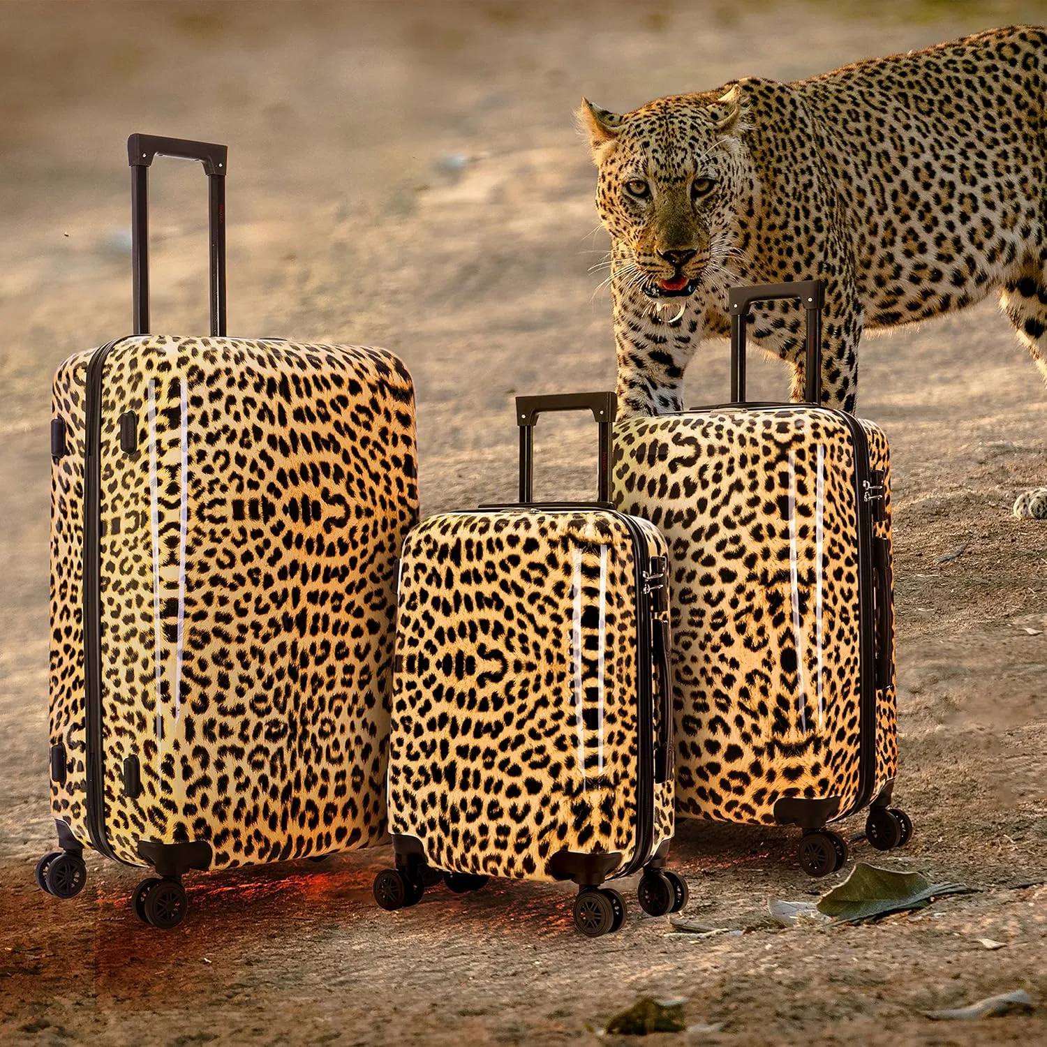 InUSA Cheetah Print Luggage with Spinner Wheels | Durable Lightweight Hardside Suitcase | Travel Bag with Handle and Trolley | (20in, 24in, 28in) 3 Piece Set