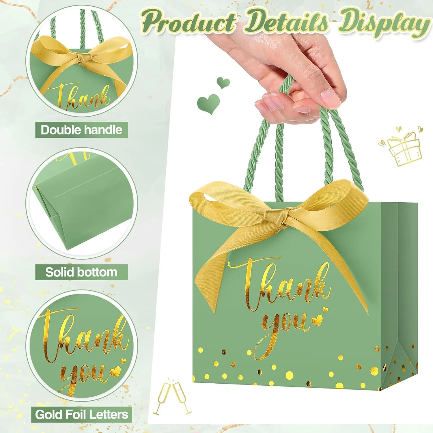 Jetec 45 Pcs Mini Paper Gift Bag Bulk 5.5 x 4.7 x 2.5'' Small Thank You Favor Bag with Handle Bow Ribbon for Valentine‘s Day Wedding Baby Bridal Shower Birthday Party(Green/gold)