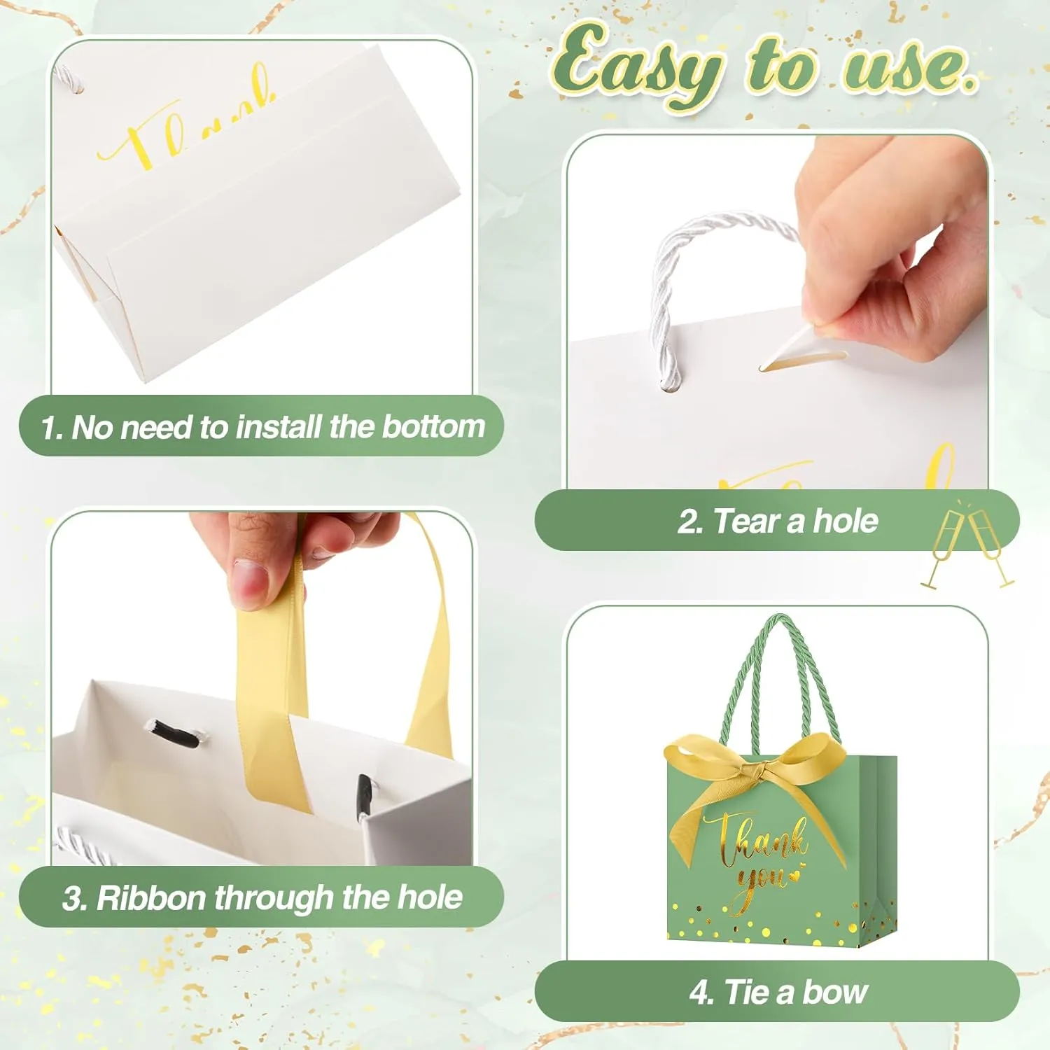 Jetec 45 Pcs Mini Paper Gift Bag Bulk 5.5 x 4.7 x 2.5'' Small Thank You Favor Bag with Handle Bow Ribbon for Valentine‘s Day Wedding Baby Bridal Shower Birthday Party(Green/gold)