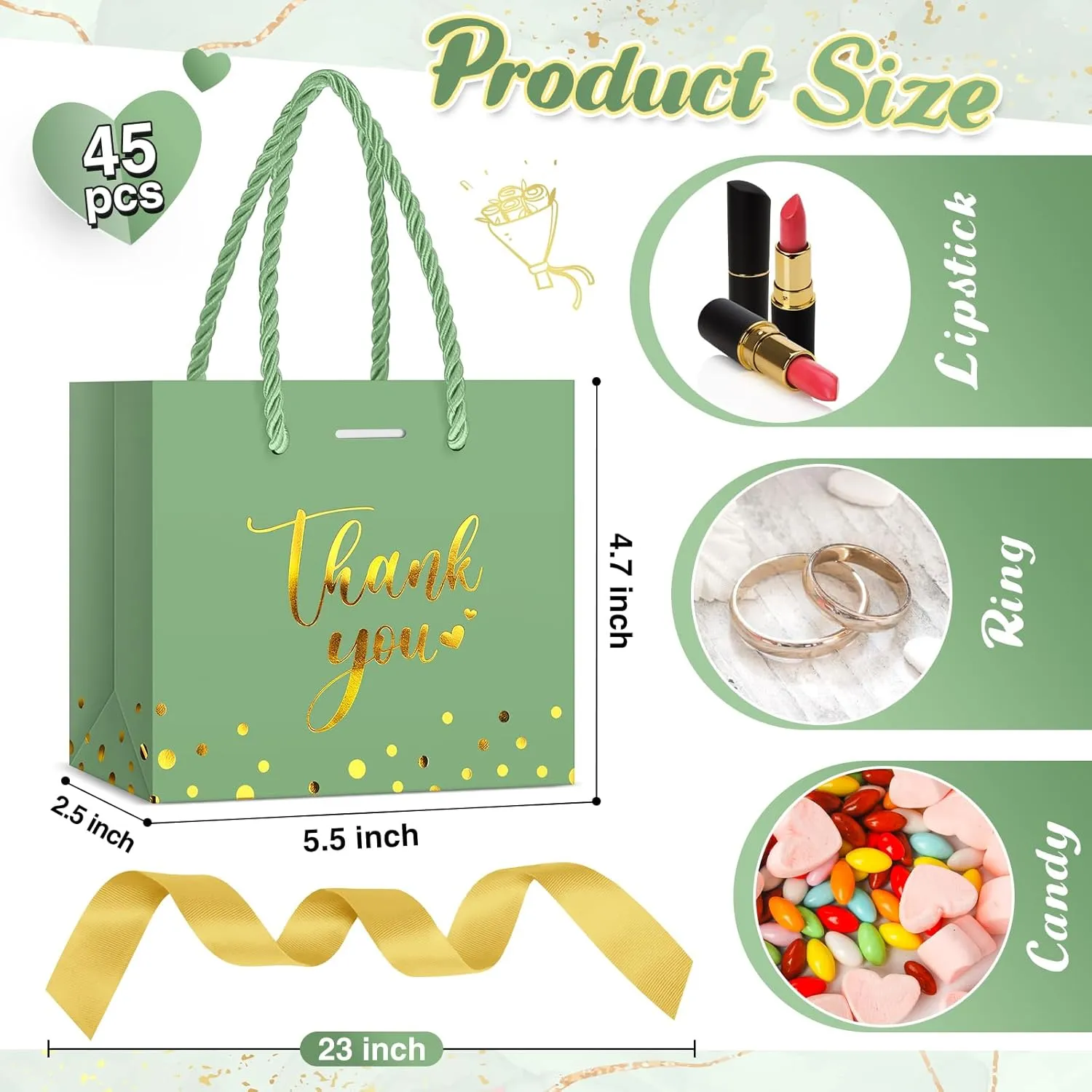 Jetec 45 Pcs Mini Paper Gift Bag Bulk 5.5 x 4.7 x 2.5'' Small Thank You Favor Bag with Handle Bow Ribbon for Valentine‘s Day Wedding Baby Bridal Shower Birthday Party(Green/gold)