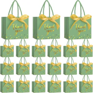 Jetec 45 Pcs Mini Paper Gift Bag Bulk 5.5 x 4.7 x 2.5'' Small Thank You Favor Bag with Handle Bow Ribbon for Valentine‘s Day Wedding Baby Bridal Shower Birthday Party(Green/gold)