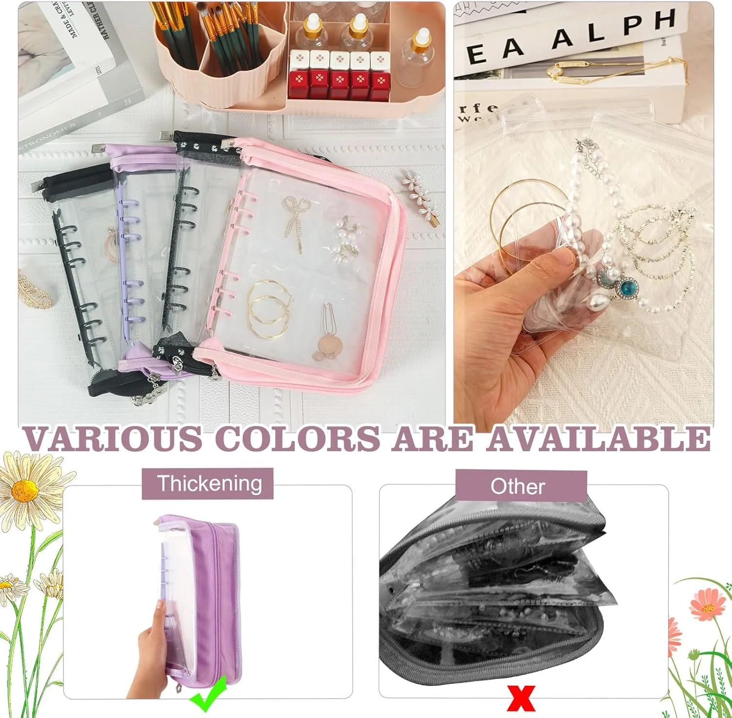 Jewelry Organizer Book Storage Travel Transparent Earring Storage Book Jewelry Binder for Necklace, Ring, Earring, Storage (Purple, 48Pcs Large Jewelry Pouches)