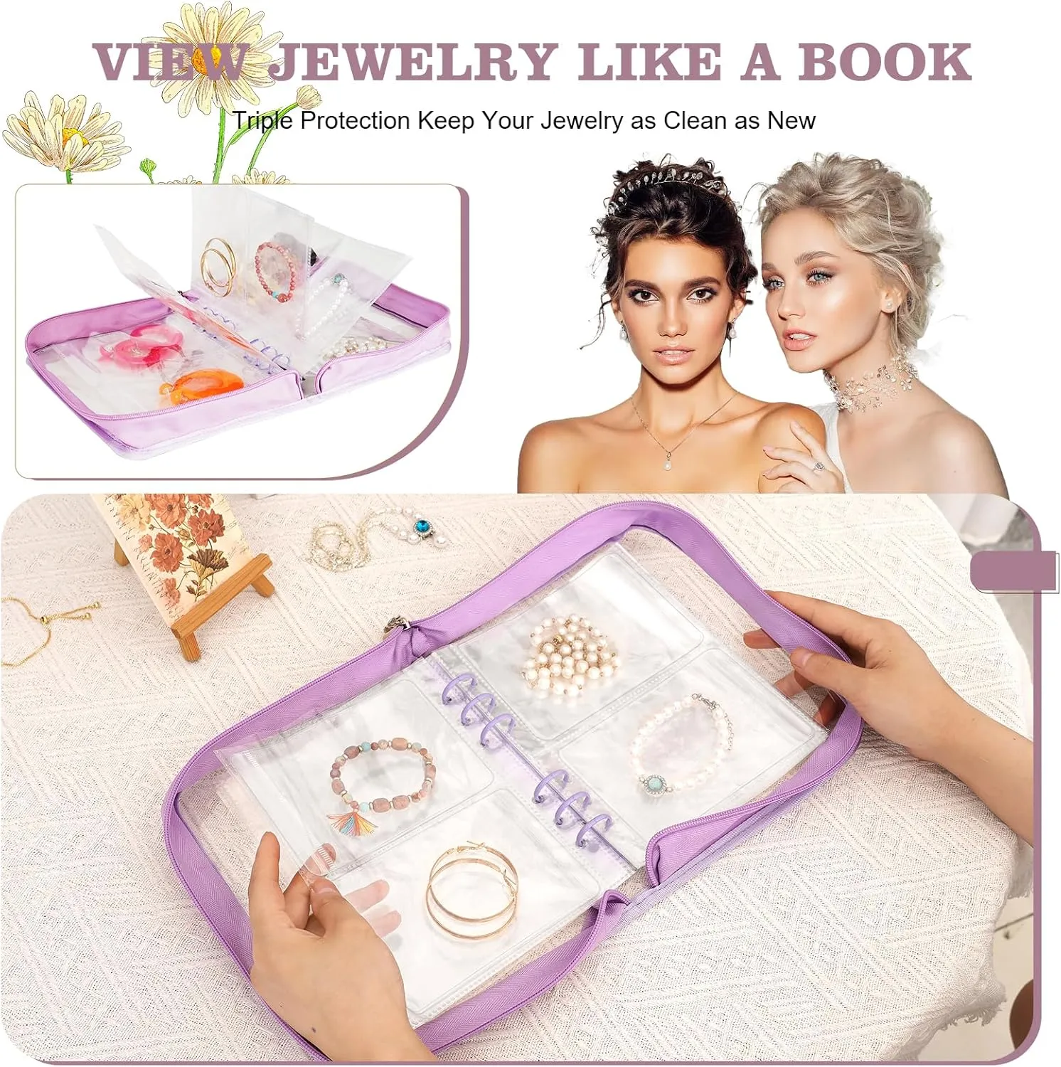 Jewelry Organizer Book Storage Travel Transparent Earring Storage Book Jewelry Binder for Necklace, Ring, Earring, Storage (Purple, 48Pcs Large Jewelry Pouches)
