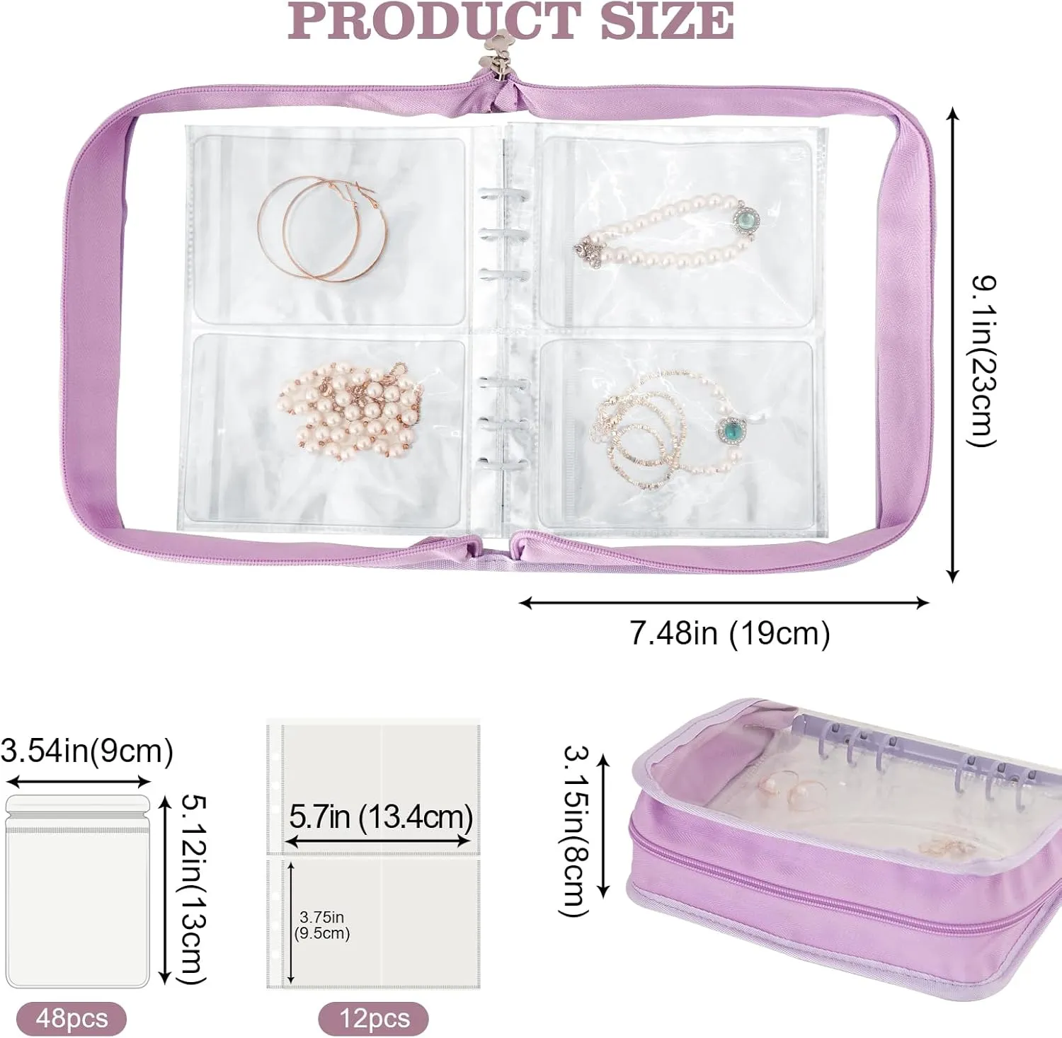 Jewelry Organizer Book Storage Travel Transparent Earring Storage Book Jewelry Binder for Necklace, Ring, Earring, Storage (Purple, 48Pcs Large Jewelry Pouches)
