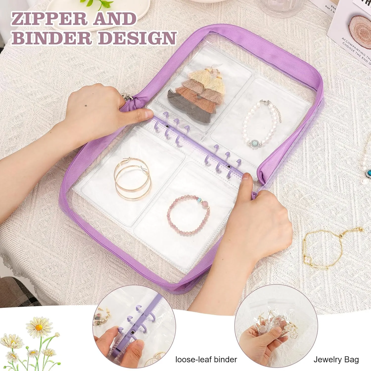 Jewelry Organizer Book Storage Travel Transparent Earring Storage Book Jewelry Binder for Necklace, Ring, Earring, Storage (Purple, 48Pcs Large Jewelry Pouches)