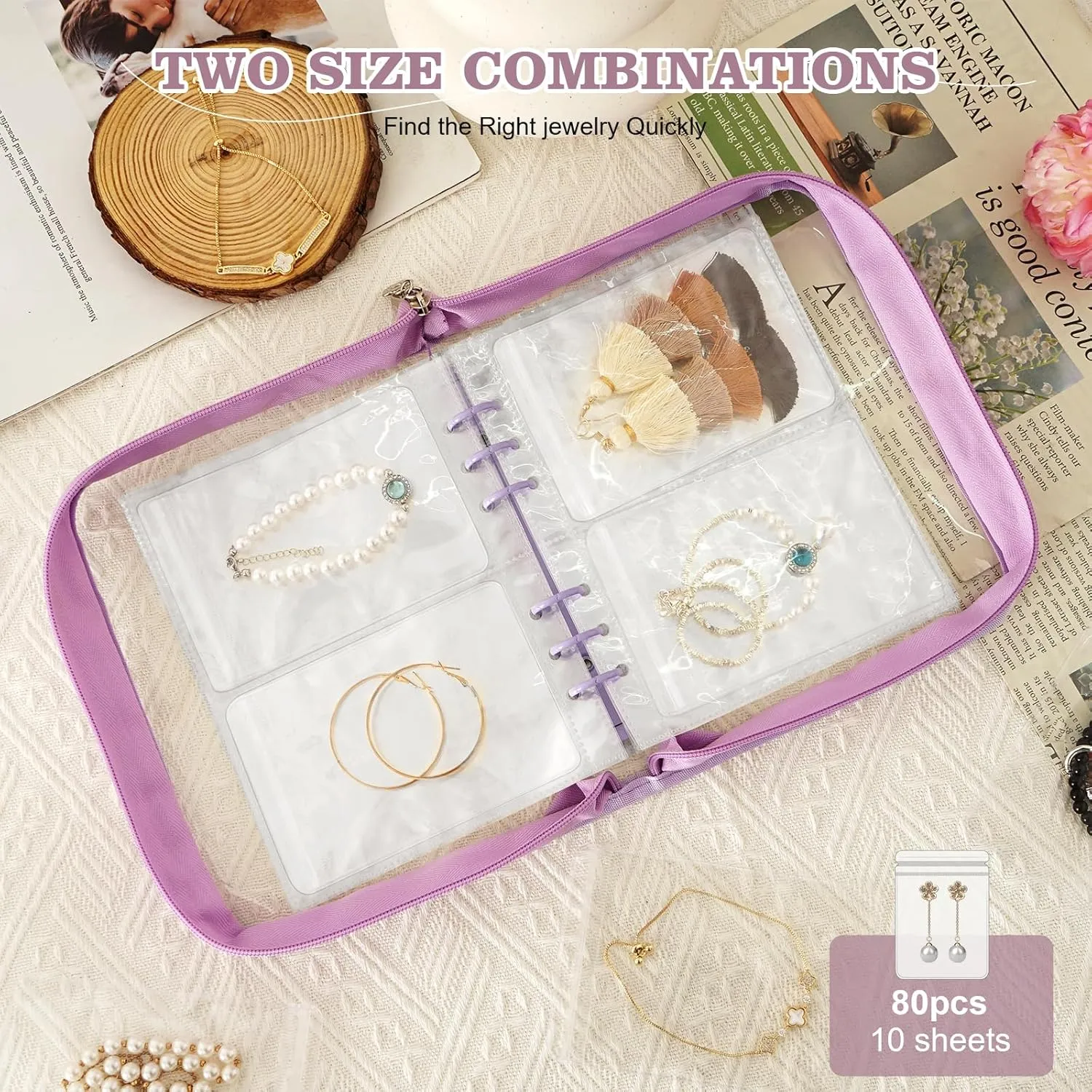 Jewelry Organizer Book Storage Travel Transparent Earring Storage Book Jewelry Binder for Necklace, Ring, Earring, Storage (Purple, 48Pcs Large Jewelry Pouches)