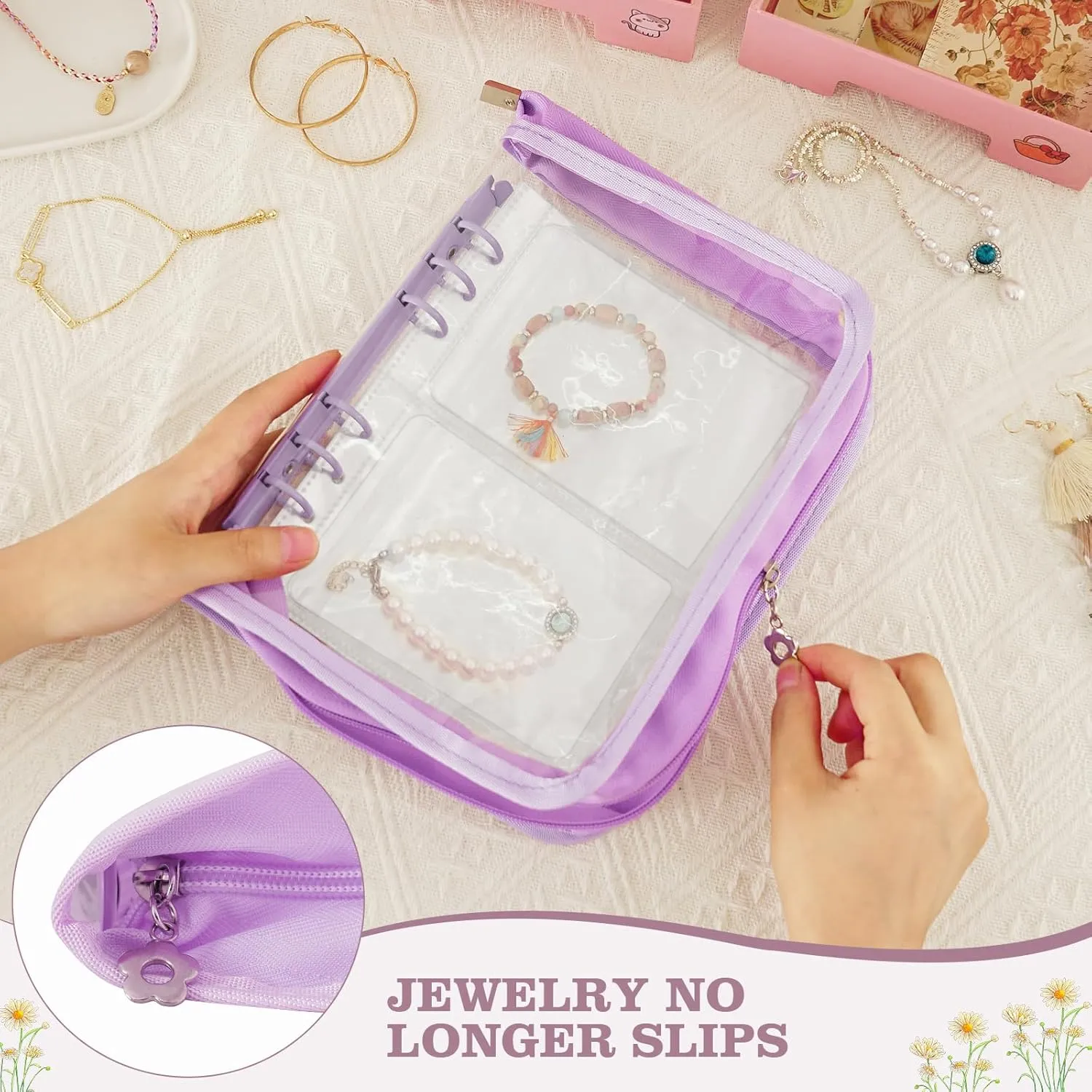 Jewelry Organizer Book Storage Travel Transparent Earring Storage Book Jewelry Binder for Necklace, Ring, Earring, Storage (Purple, 48Pcs Large Jewelry Pouches)