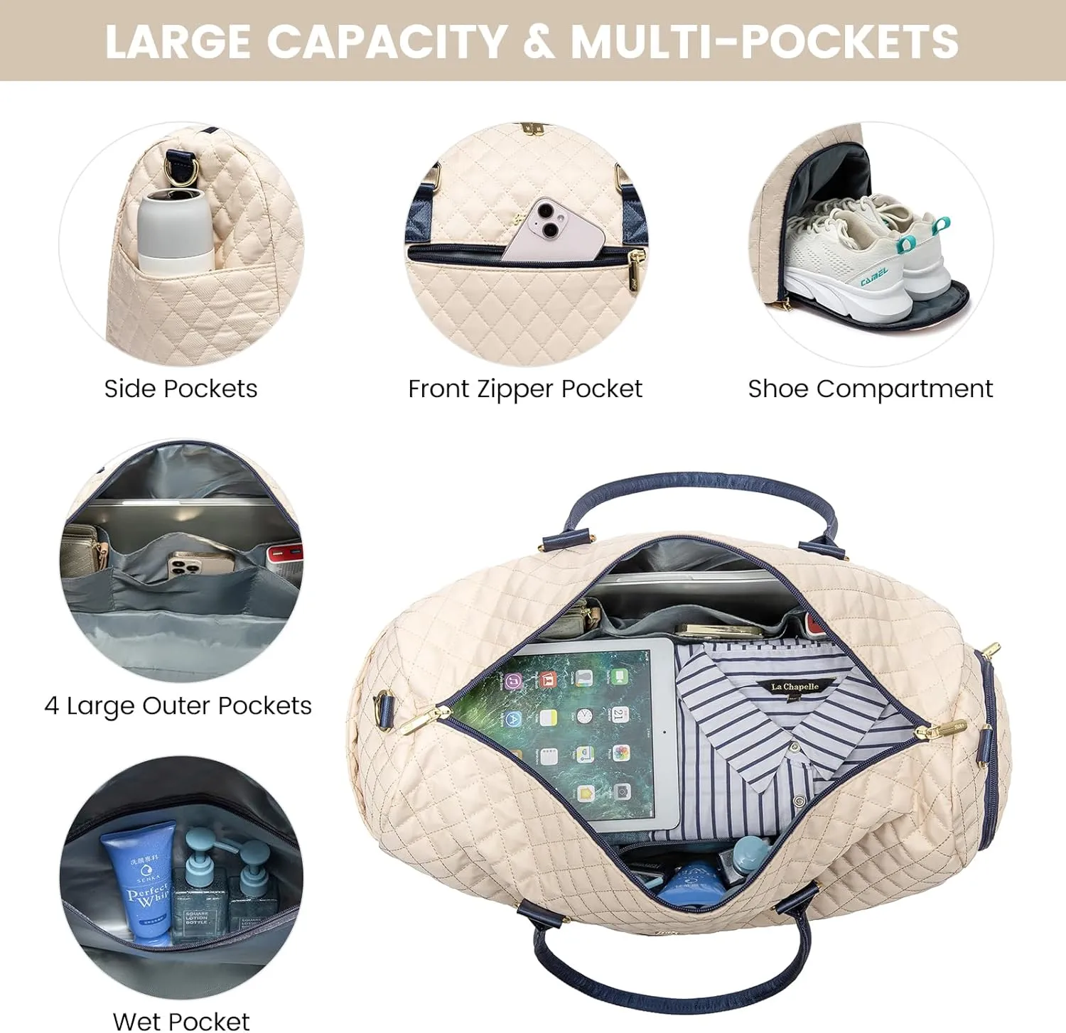 JFFD Travel Duffel - Women's Weekender & Carry-On Bag with Shoe Compartment & Wet Pocket