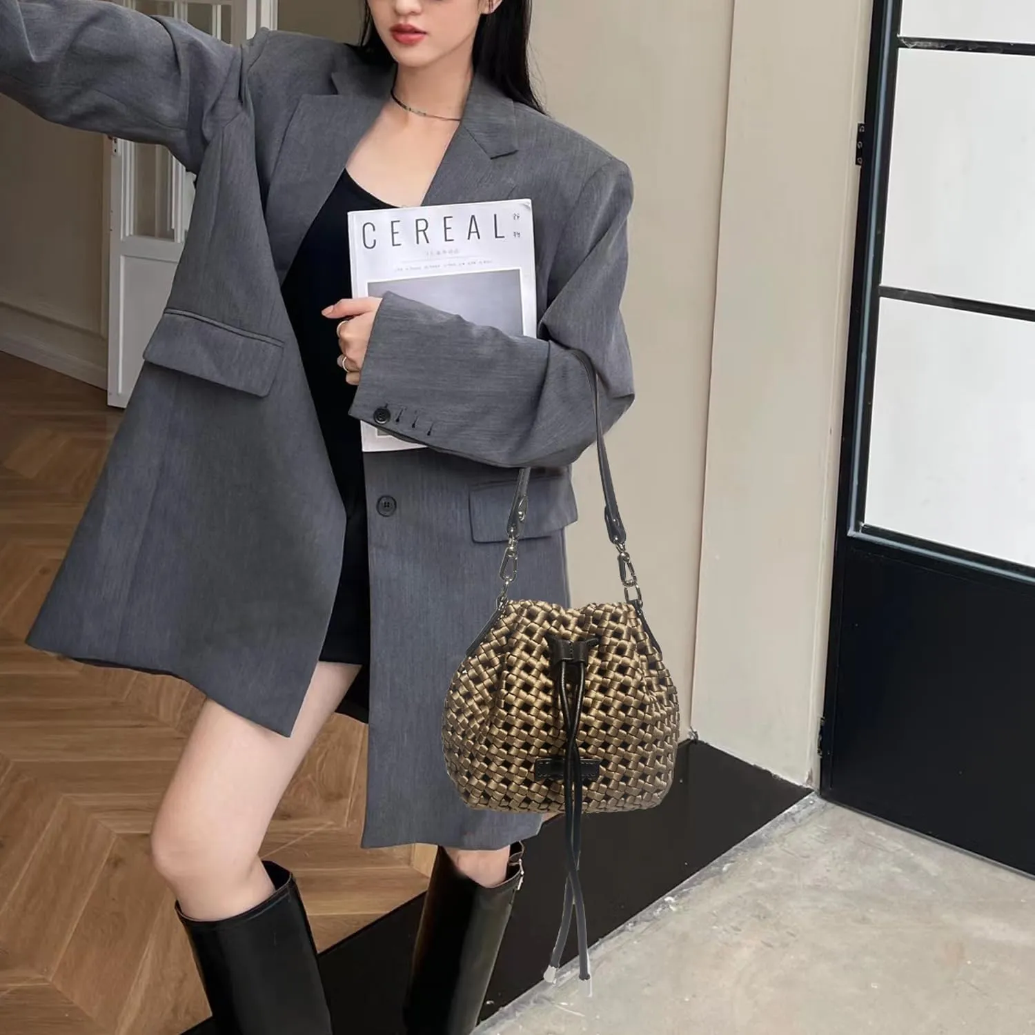 JINMANXUE Fashion Hollow Bucket Tote Bag For Women, Crossbody Female Handbag Woven Silk bag Leisure Leather Shoulder Bag