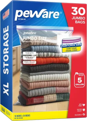 Jumbo 5 Gallon Size Zip Bags with Double Zippers, Clear Plastic Storage Bags for Household and Travel Use, Clothes and Toys, Large Assorted Sizes for Moving and Organization 18"x24" [30 COUNT]