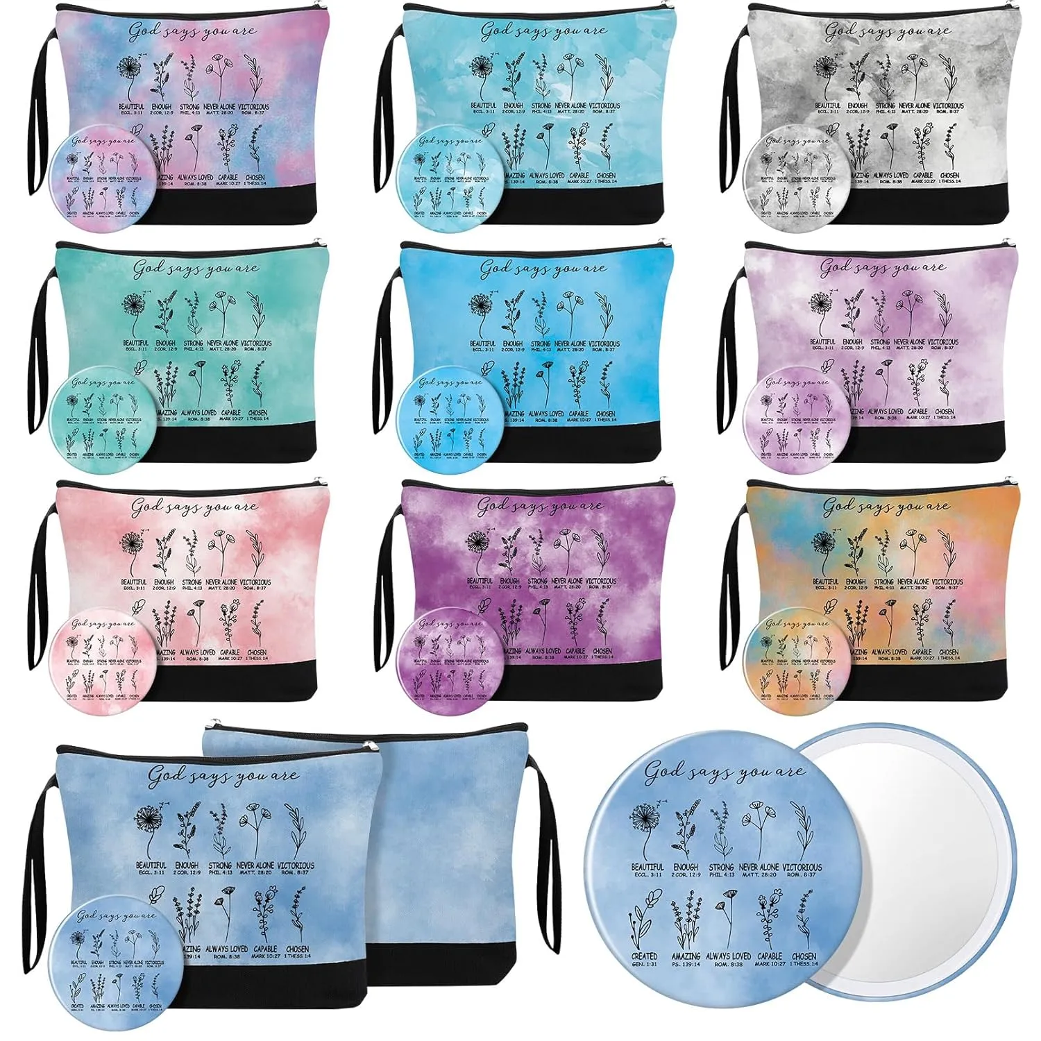 Kacctyen 20 Pcs Christian Mother's Day Gifts 10 Colors Motivational Quotes Makeup Bag Inspirational Compact Mirror Christian Cosmetic Bag with Zipper Religious Pocket Mirror for Women Church Gift