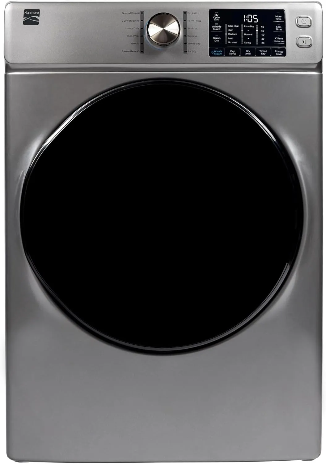 Kenmore 8.0 cu. ft. Front Load Electric Dryer with Wrinkle Guard & Accela Steam to Reduce Wrinkles, Static & Odors - Sanitize Dry, Smart Sensor Drying - LED - ENERGY STAR Certified - Metallic Silver