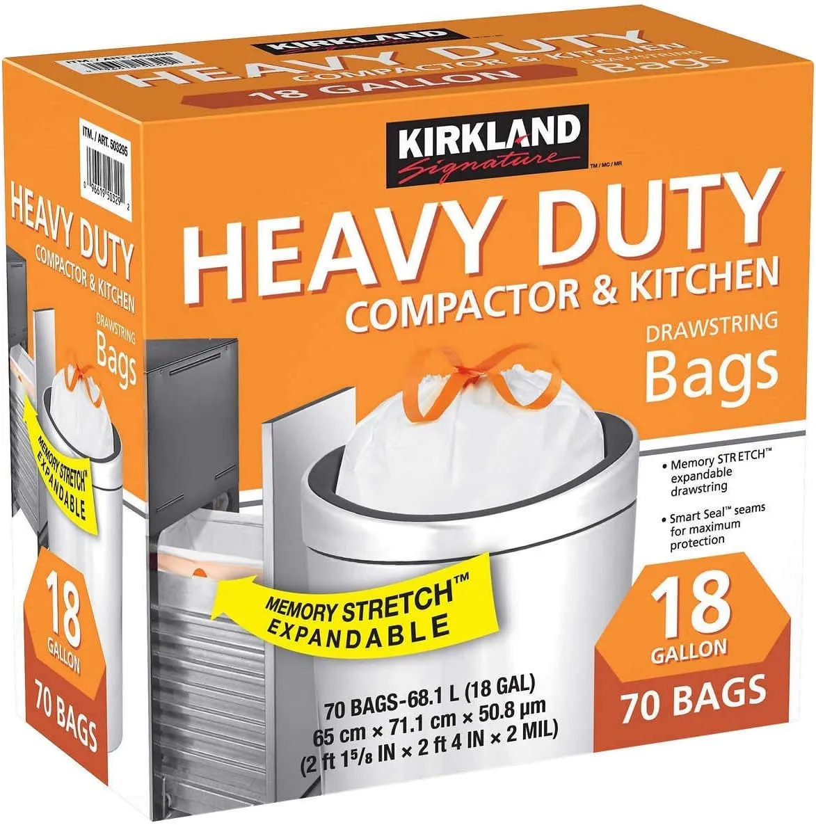 Kirkland Compactor Bags, 18 Gallon, Smart Fit Gripping Drawstring, 70 ct 2 Pack (140 Count)