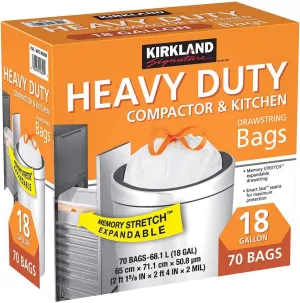 Kirkland Compactor Bags, 18 Gallon, Smart Fit Gripping Drawstring, 70 ct 2 Pack (140 Count)