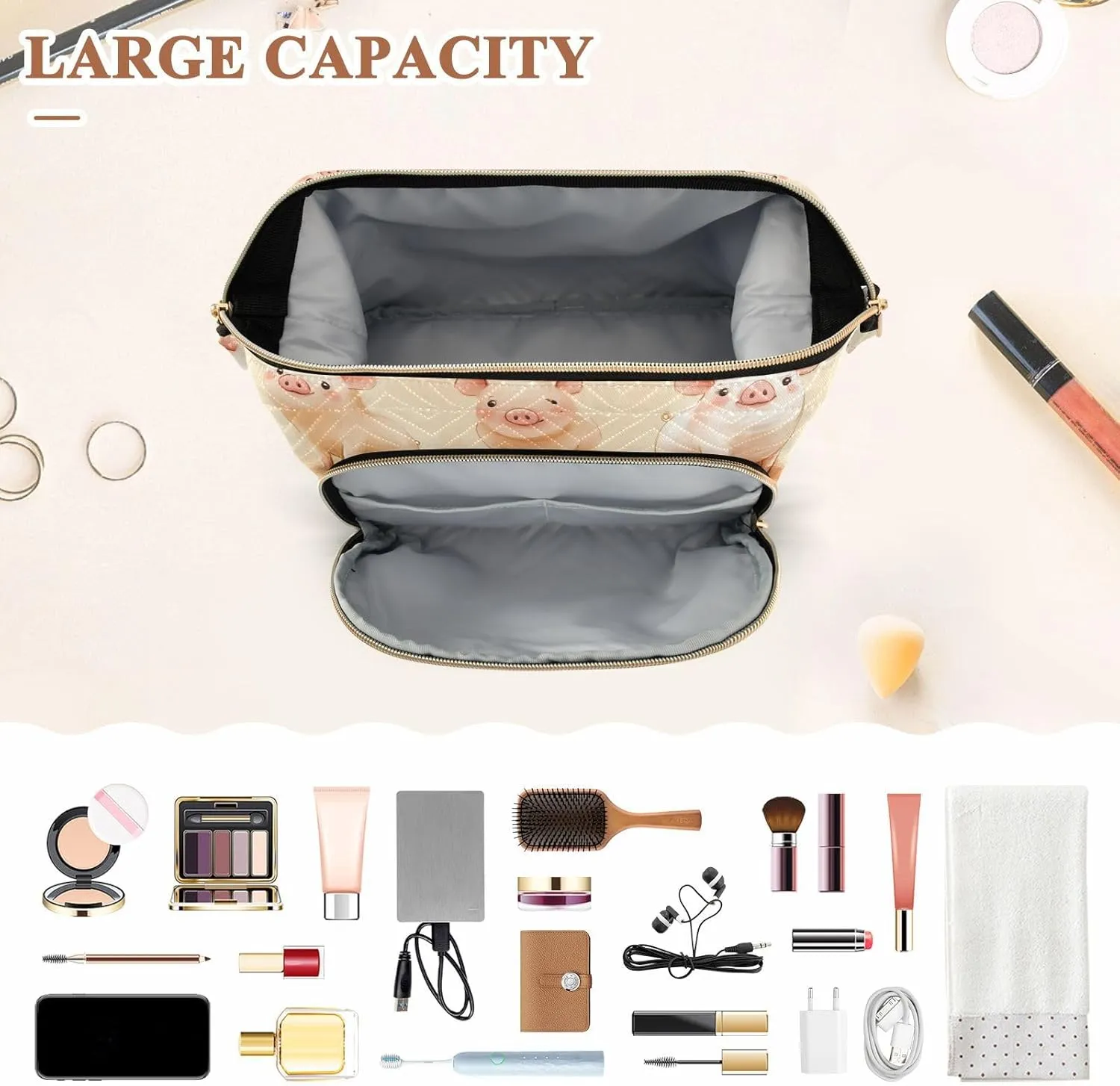 KLL Cartoon Pet Pig Terracotta Makeup Bags Lightweight Cosmetic Bags With Zipper Women Coin Purse for Card Cases Money Organizers