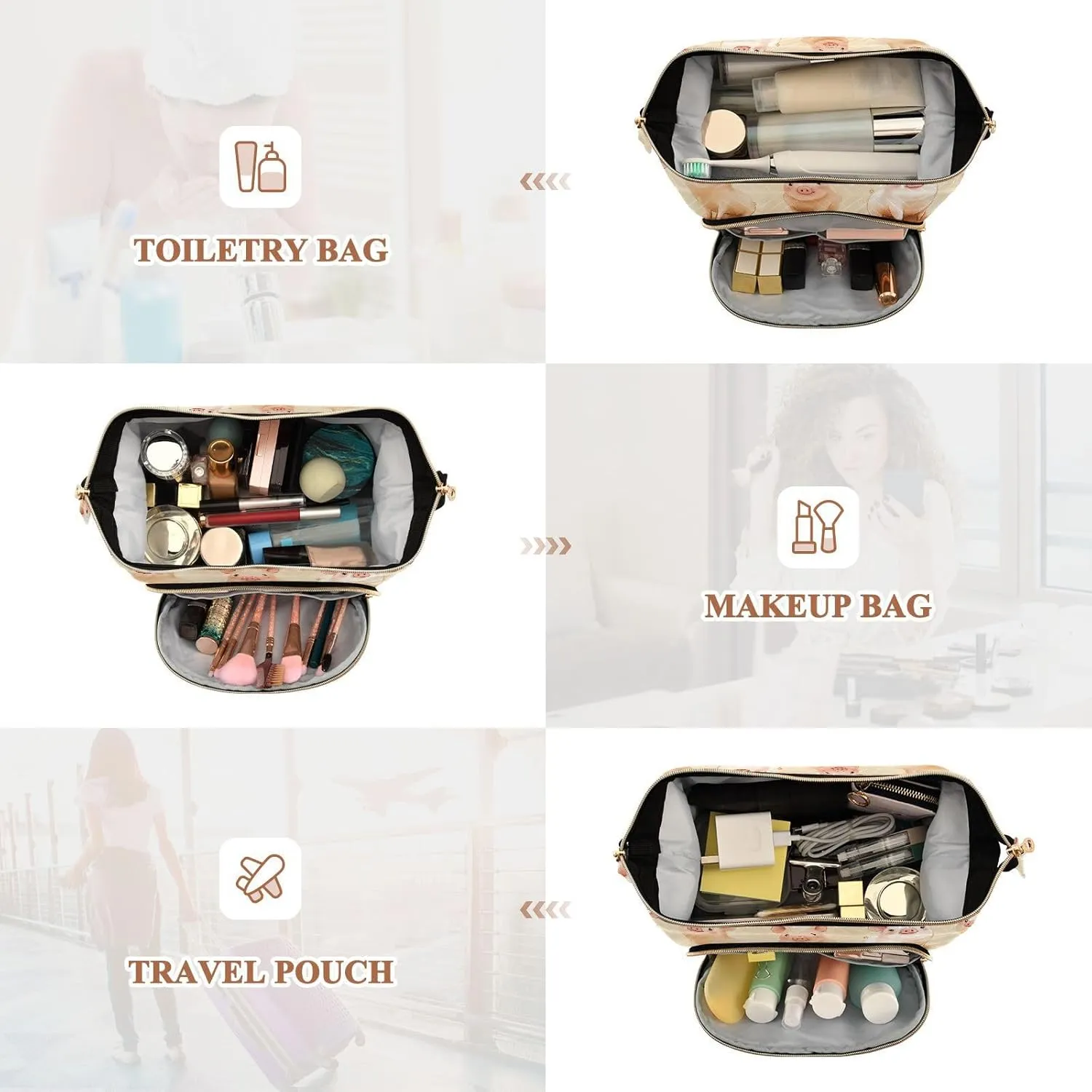 KLL Cartoon Pet Pig Terracotta Makeup Bags Lightweight Cosmetic Bags With Zipper Women Coin Purse for Card Cases Money Organizers