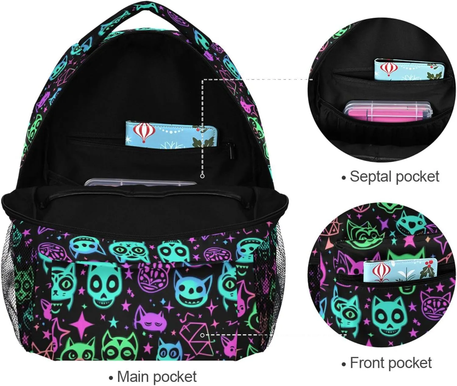 KLL Day Backpack for Teens Boys Girls Fashion Stylish Travel Bags with Chest Strap Gift Men & Women Cute Cartoon Witchcraft Cats Bright