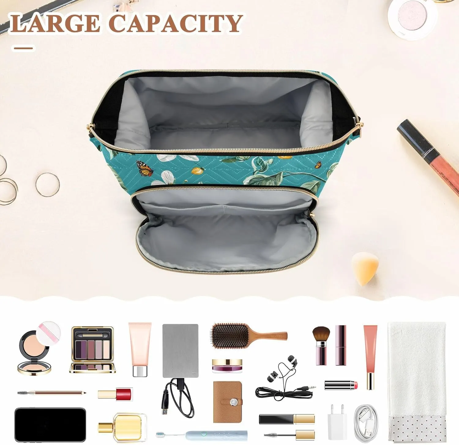 KLL Fresh Cape Gooseberry Fruit Teal Travel Bag Lightweight Bag For Women Makeup Period Bag for Capacity Travel Cosmetic