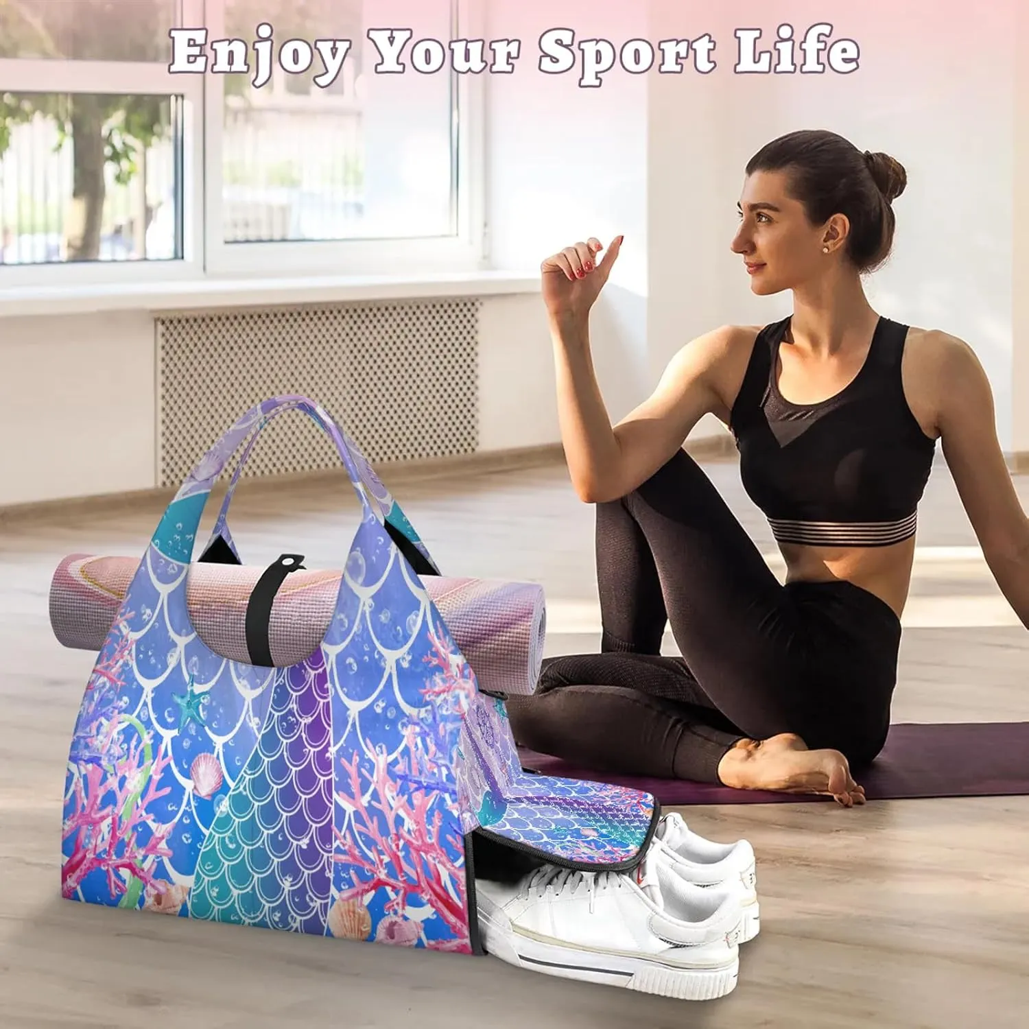 KOBLEN Yoga Gym Bags for Women Duffel Bag with Shoe Compartment and Yoga Mat Portable Weekender Bags for Pilates Travel Offices Workout Beach