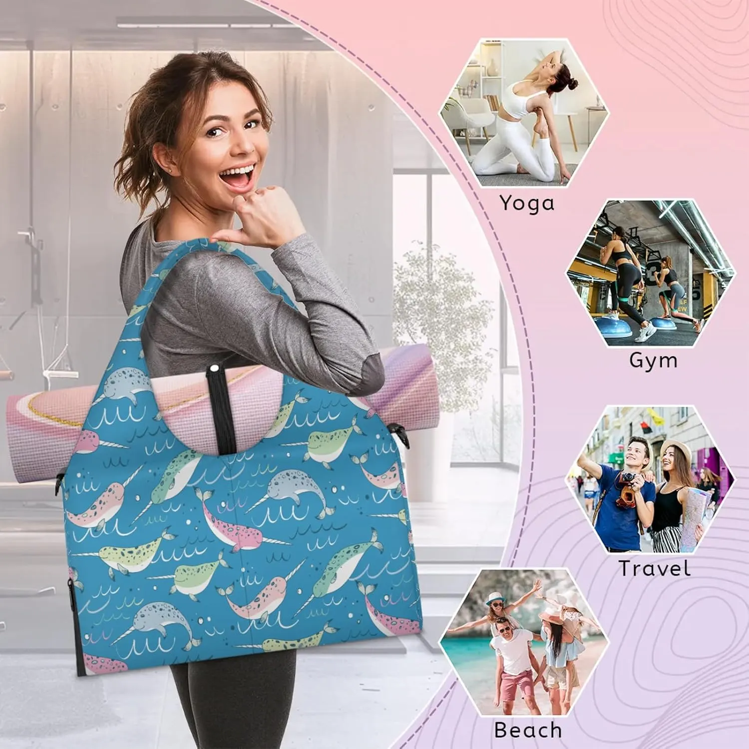 KOBLEN Yoga Gym Bags for Women Duffel Bag with Shoe Compartment and Yoga Mat Portable Weekender Bags for Pilates Travel Offices Workout Beach