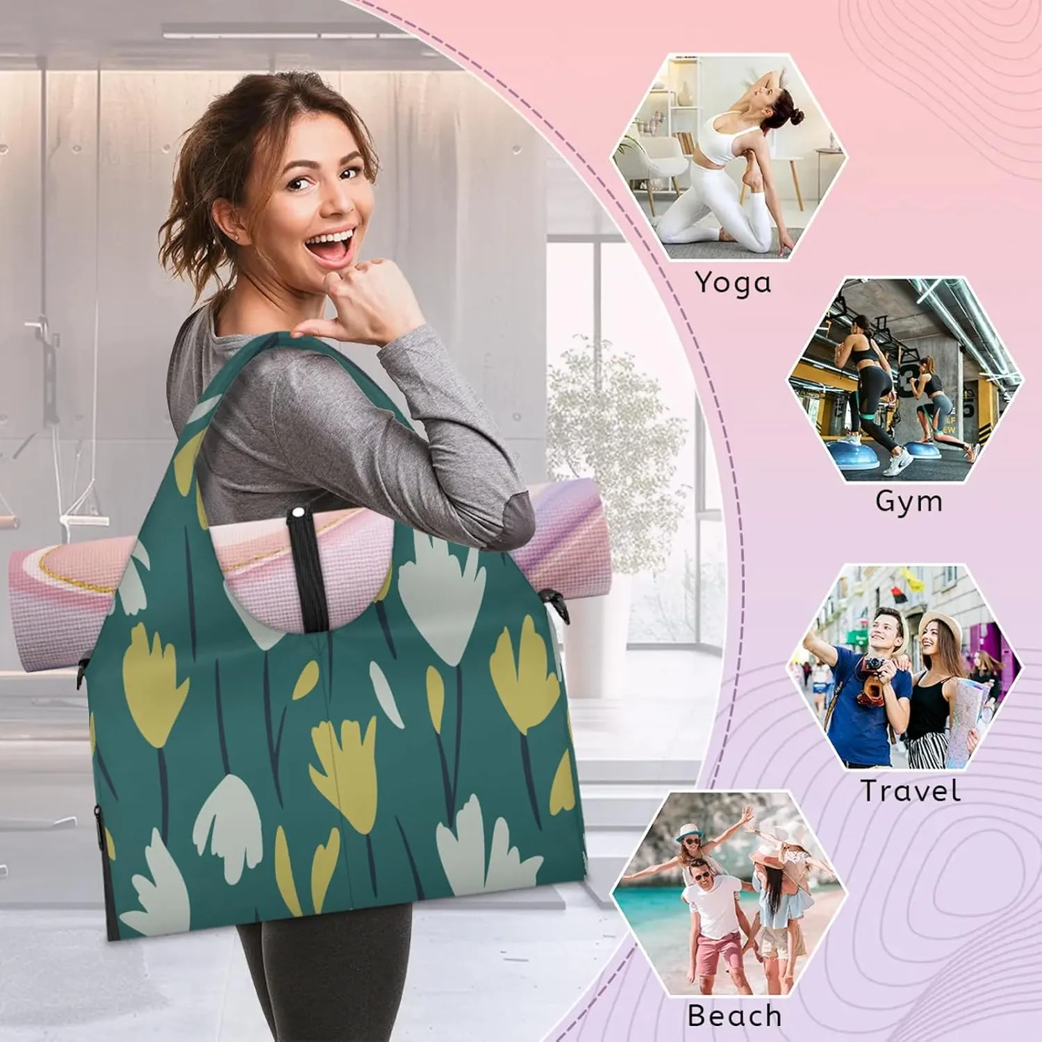 KOBLEN Yoga Gym Bags for Women Duffel Bag with Shoe Compartment and Yoga Mat Portable Weekender Bags for Pilates Travel Offices Workout Beach